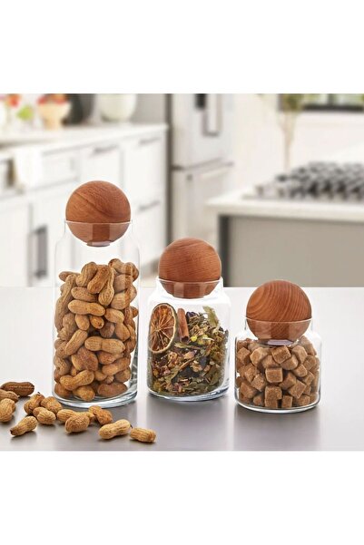 Demirhan Home 3'lü Ahşap Top Kapaklı Cam Kavanoz Seti Şekerlik Çerezlik Baharatlık Ve Saklama Kabı