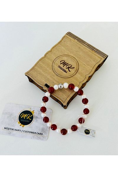 MK tasarım Real Pearl-brown Agate Stone Bracelet| Mktasarim in Special Box| Mktasarım Customer Card