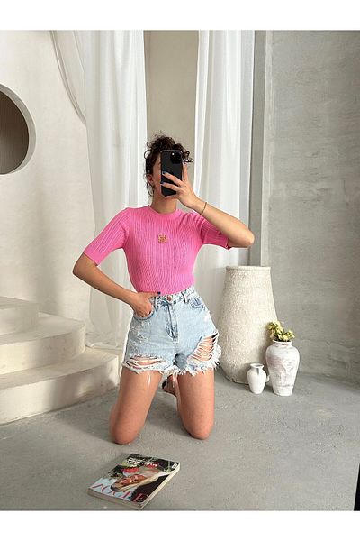 StickerFashion Πλεκτή Μπλούζα - Με Λεπτομέρειες Αξεσουάρ
