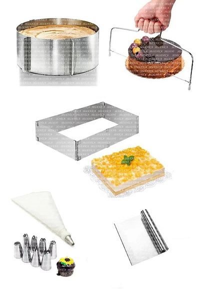 Seyese 5 Piece Stainless Steel Cake Set - Round Square Cake Mold, Cream Bag, Scraper
