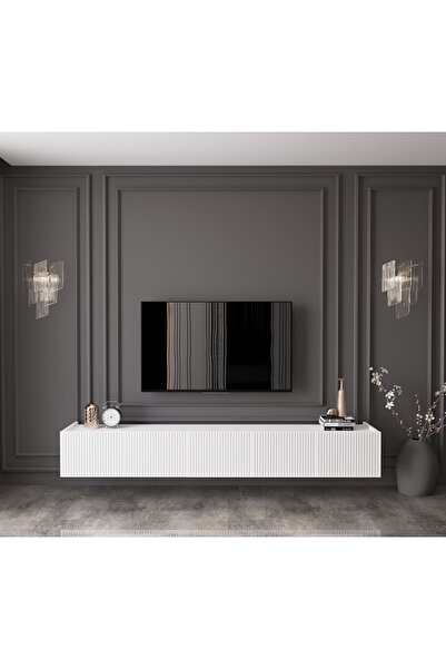 enwood Capella Country Beyaz Mdf 5 Kapaklı Duvara Monte 200 Cm Tv Ünitesi