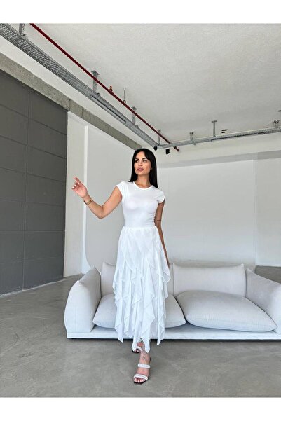 MDZ COLLECTION Püsküllü Etek Detaylı Beyaz Elbise