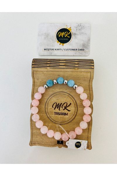 MK tasarım Real Pink-blue Quartz Stone Bracelet| Mktasarim in Special Box| Mktasarım Customer Card