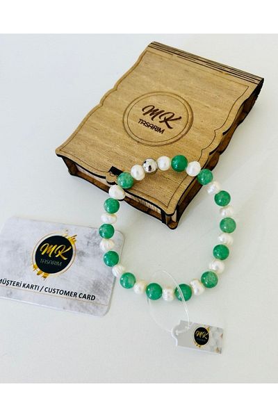 MK tasarım Real Pearl - Aventurine Bracelet| Mktasarim in Special Box|