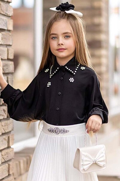 Riccotarz Fete - Set cămașă neagră și fustă albă plisată cu broderie în piatră