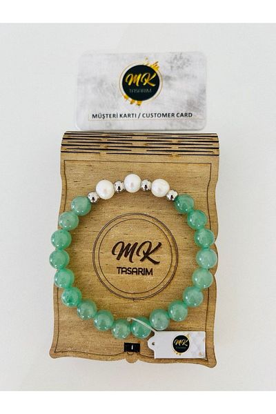 MK tasarım Real Aventurine Real Pearl Bracelet| Mktasarim in Special Box| Mktasarım Custom Customer Card
