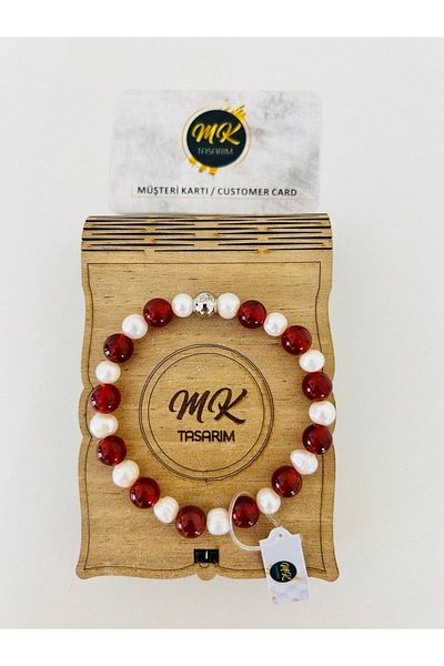 MK tasarım Real Pearl-brown Agate Stone Bracelet| Mktasarim in Special Box| Mktasarım Customer Card