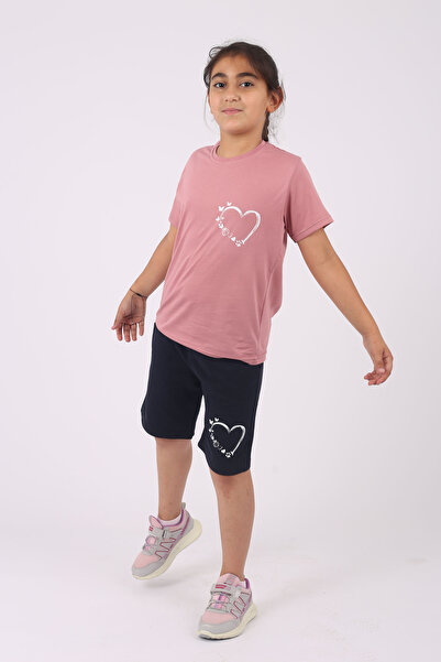 Çiggo Kids Heart Patterned Girl's Set - Crew Neck, 100% Cotton, Top and Bottom Set