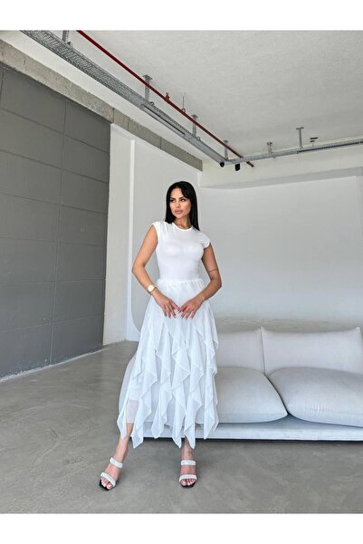 MDZ COLLECTION Püsküllü Etek Detaylı Beyaz Elbise