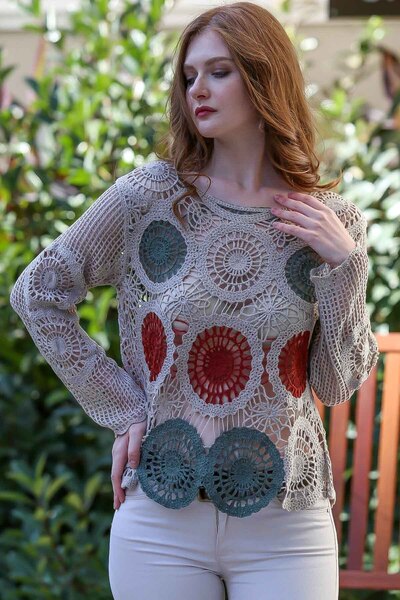 Chiccy Women's Gray Retro Circle Patterned Crochet Knitted Blouse M10010200BL95928