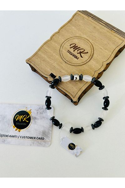 MK tasarım Real Black-white Agate Bracelet| Mktasarim in Special Box| Mktasarım Customer Card