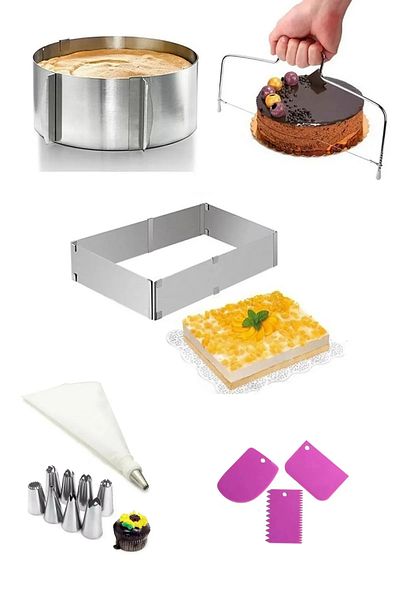 Seyese 7 Pieces Cake Preparation Set - Rectangular and Round Cake Mold, Piping Bag and Dough Scraper Cutting Wire