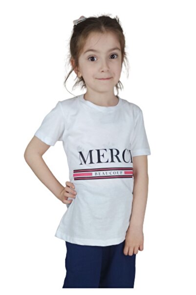 Bluence Tricou alb din bumbac pentru fete, model Garson