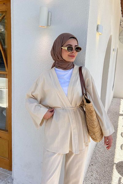 My Blog Leinen-Kimono-Set – 100 % Baumwolle, Steindetails und seitlich gebunden