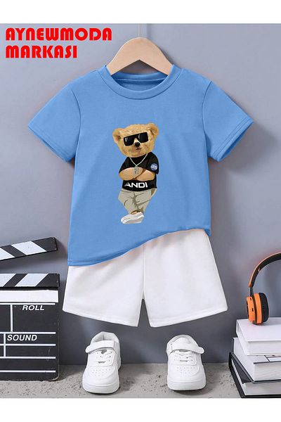 aynewmoda Set de trening cu tricou și pantaloni scurți cu imprimeu Cool Bear
