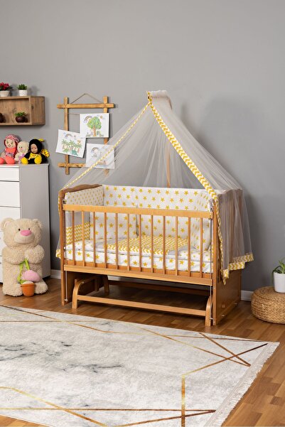 Bamgidoo Ahşap Beşik Anne Yanı Beşik (Vernikli) 60x120 - Sarı Yıldız Tek Yastık Uyku Seti + Yatak