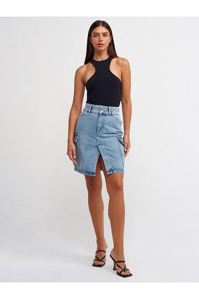 Dilvin 80548 Fustă midi denim cu buzunare laterale - albastru