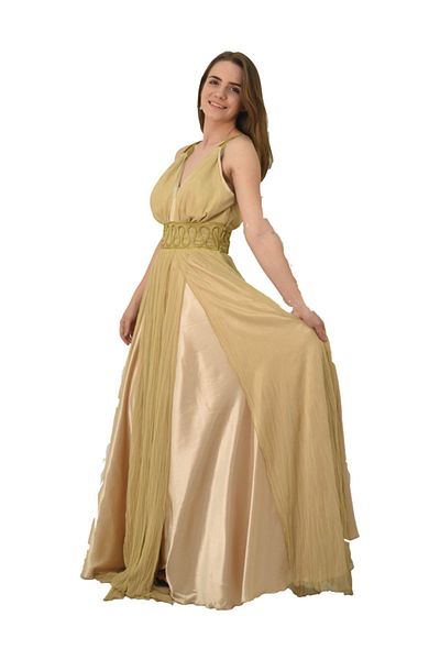 Bluence Rochie de seara din sifon auriu cu centura in talie