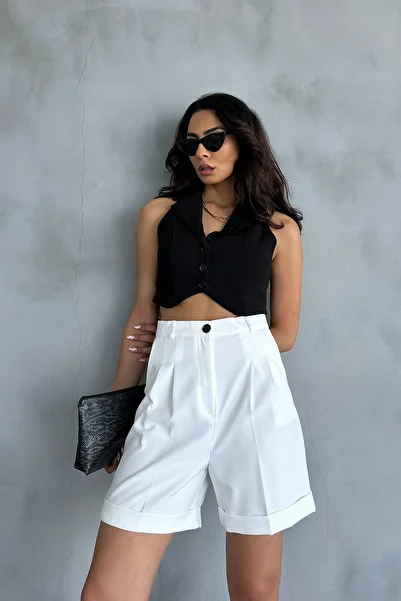 Ortaya Çık Pleated Fabric White Palazzo Shorts - Double Leg
