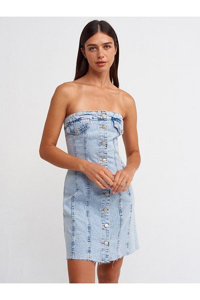 Dilvin 90524 Seamless Flared Denim Dress-Blue