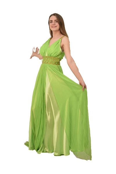 Bluence Rochie de seara din sifon verde cu centura in talie