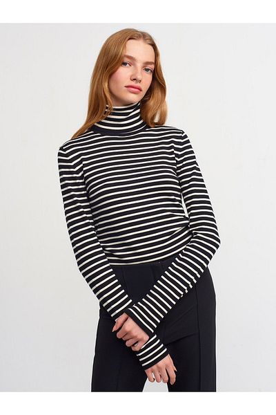 Dilvin Pulover negru cu dungi cu decolteu - 10302