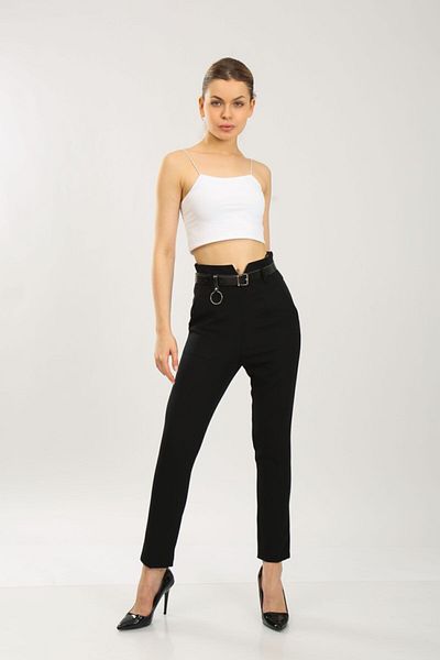 Bluence Black Slim Leg Trousers with Thin Waist Belt