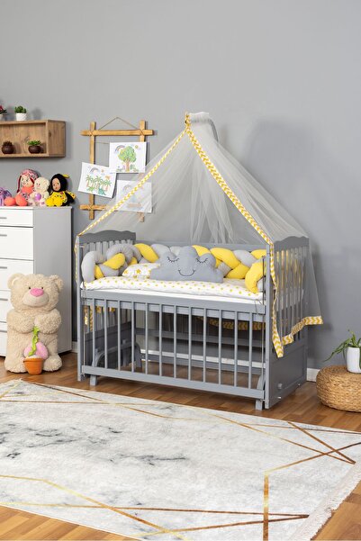 Bamgidoo Ahşap Beşik Anne Yanı Beşik Gri 60x120 - Sarı Gri Örgü Uyku Seti Set...