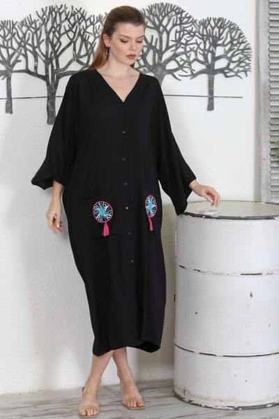Chiccy Black V-Neck 3/4 Sleeve Double Pocket Embroidered Casual Oversize Woven Dress