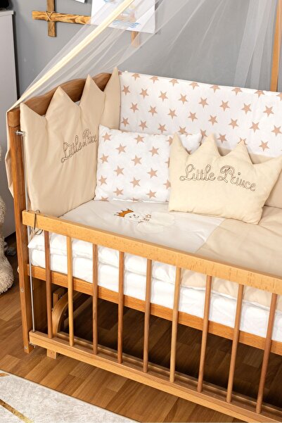 Bamgidoo Ahşap Beşik Anne Yanı Beşik (Vernikli) 60x120 - Krem Nakış(Erkek) Uyku Seti + Yatak