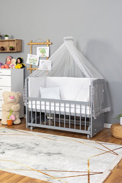 Bamgidoo Ahşap Beşik Anne Yanı Beşik Gri 60x120 - Beyaz Güpür Uyku Seti + Yatak