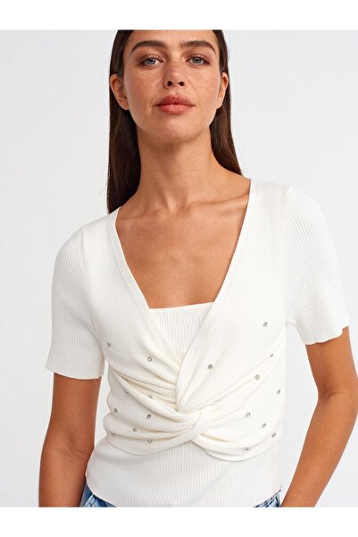 Dilvin 10389 Stone Front Short Sleeve Sweater-ecru