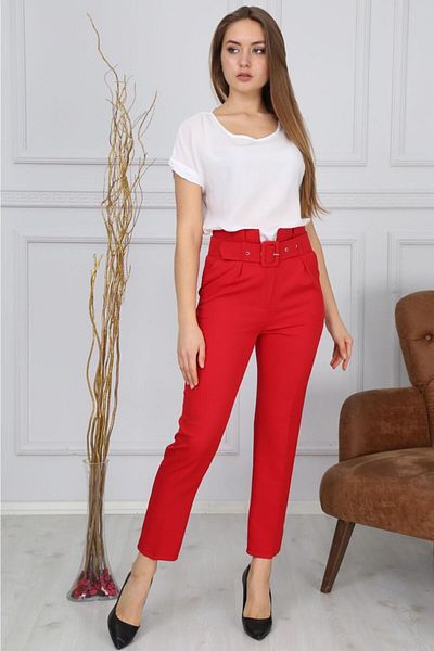 Bluence Women's Red Belted Fabric Trousers