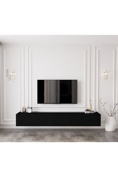 enwood Capella Country Siyah Mdf 5 Kapaklı Duvara Monte 200 Cm Tv Ünitesi