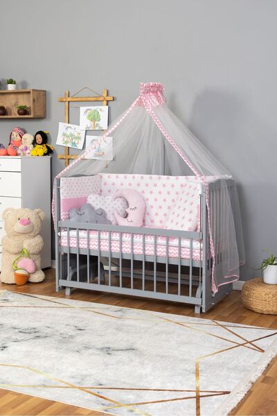 Bamgidoo Yeni Doğan Portatif Ahşap Beşik Anne Yanı Beşik Gri 60x120 Pembe Yıl...