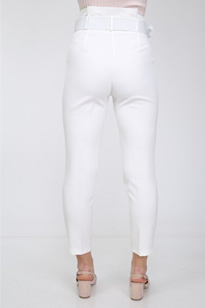 Bluence White Belted Skinny Leg Fabric Trousers