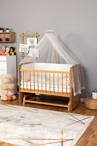 Bamgidoo Ahşap Beşik Anne Yanı Beşik Doğal (VERNİKLİ) 60x120 - Krem Güpür Uyku Seti Yatak