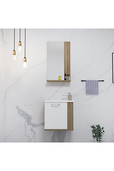 ARNETTİ Tina 45 Cm Lavabolu Banyo Dolabı Takımı Ceviz Gövde Beyaz Kapak - Tina45