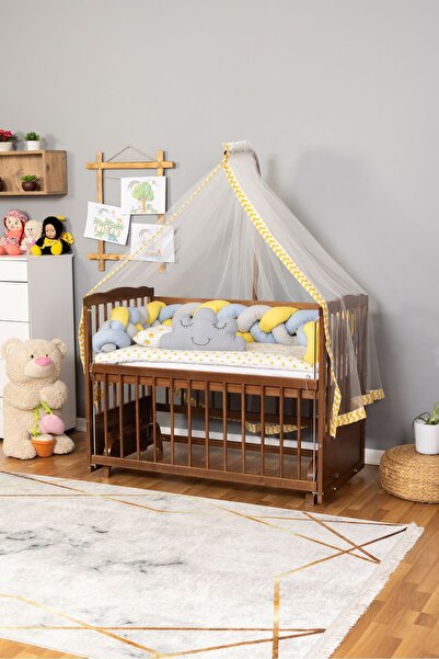 Bamgidoo Ahşap Beşik Anne Yanı Beşik Ceviz 60x120 - Sarı Mavi Örgü Uyku Seti ...