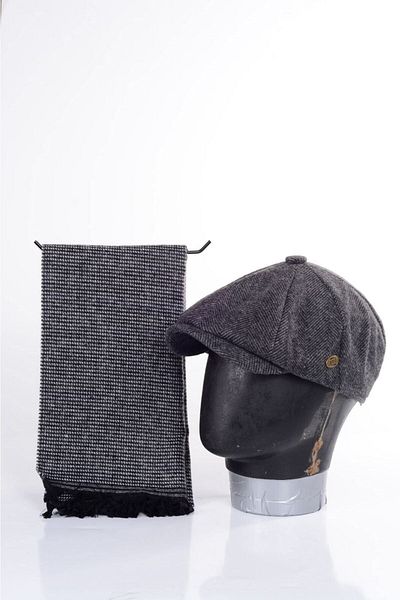 mercantoptan Peaky Blinders Herringbone Patterned Winter Cap - Scarf Set with Gift