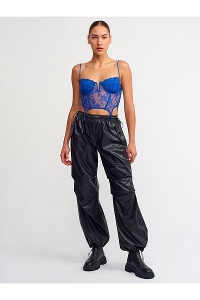 Dilvin 70414 Faux Leather Jogger Pants-black