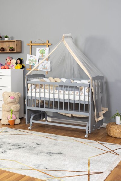 Bamgidoo Ahşap Beşik Anne Yanı Beşik Gri 60x120 - Krem Beyaz Örgü Uyku Seti Seti + Yatak + Tekerlekli