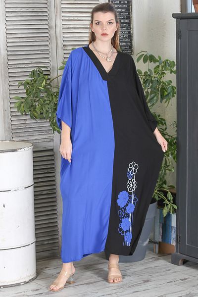 Chiccy Negru-albastru rochie țesută oversize brodat cu mâneci 3/4, negru-albastru, cu buzunar ascuns