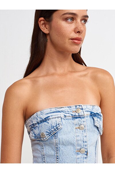Dilvin 90524 Eteği Dikişsiz Kloş Denim Elbise-Mavi