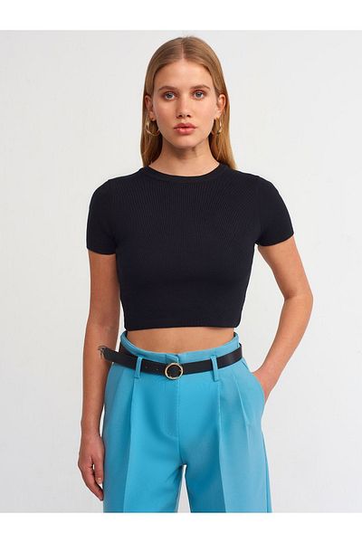 Dilvin 10357 Pulover crop cu mânecă scurtă cu decolteu-negru
