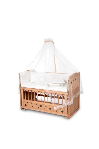 Bamgidoo Ahşap Beşik Anne Yanı Beşik Organik (BOYASIZ) 60x120 - Krem Güpür Uy...