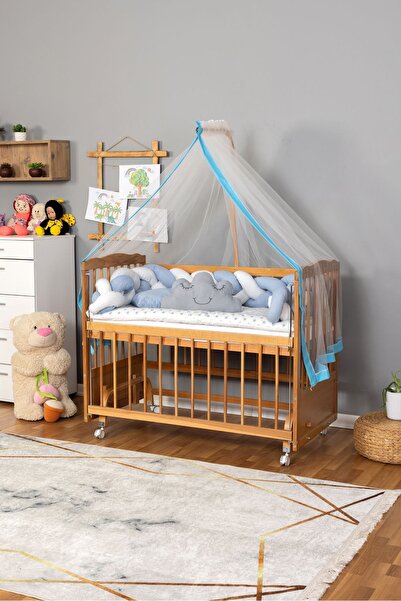 Bamgidoo Ahşap Beşik Anne Yanı Beşik Vernikli 60x120 - Mavi Beyaz Örgü Uyku S...