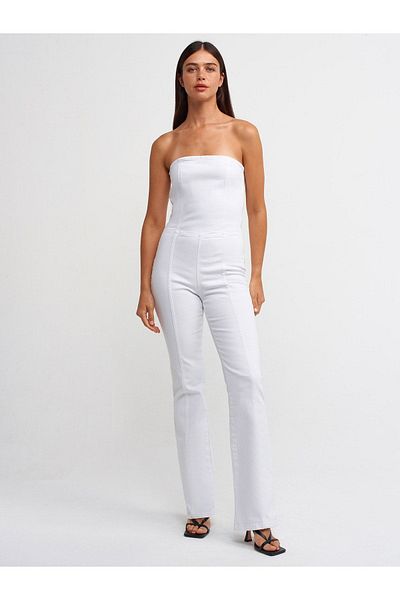 Dilvin 71314 Trägerloser weißer Flare-Denim-Overall – Weiß