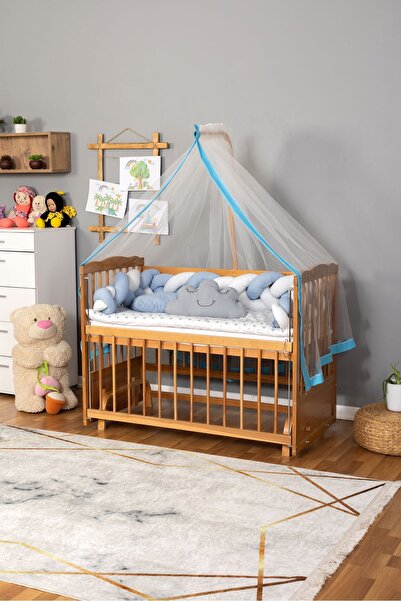 Bamgidoo Ahşap Beşik Anne Yanı Beşik Vernikli 60x120 - Mavi Beyaz Örgü Uyku S...