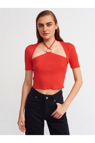 Dilvin 10293 Short Sleeve Sweater with Ring on the Front - red